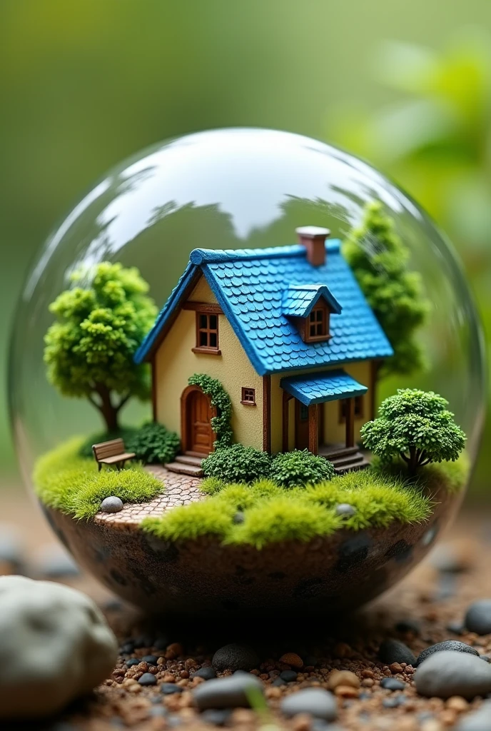 Realistic small 2 flat house,blue roof,greeny environment, in a 6 Cm radius resin ball,trees by the house