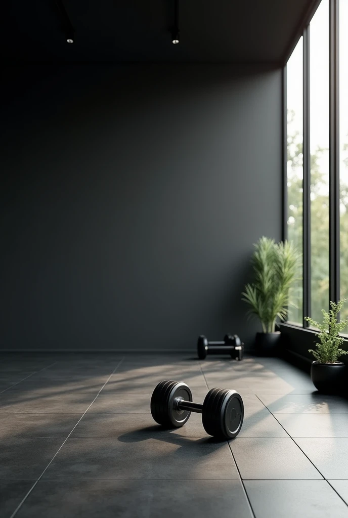 Black Wall、Rubber mat floor、dumbbell、Sunlight is coming in