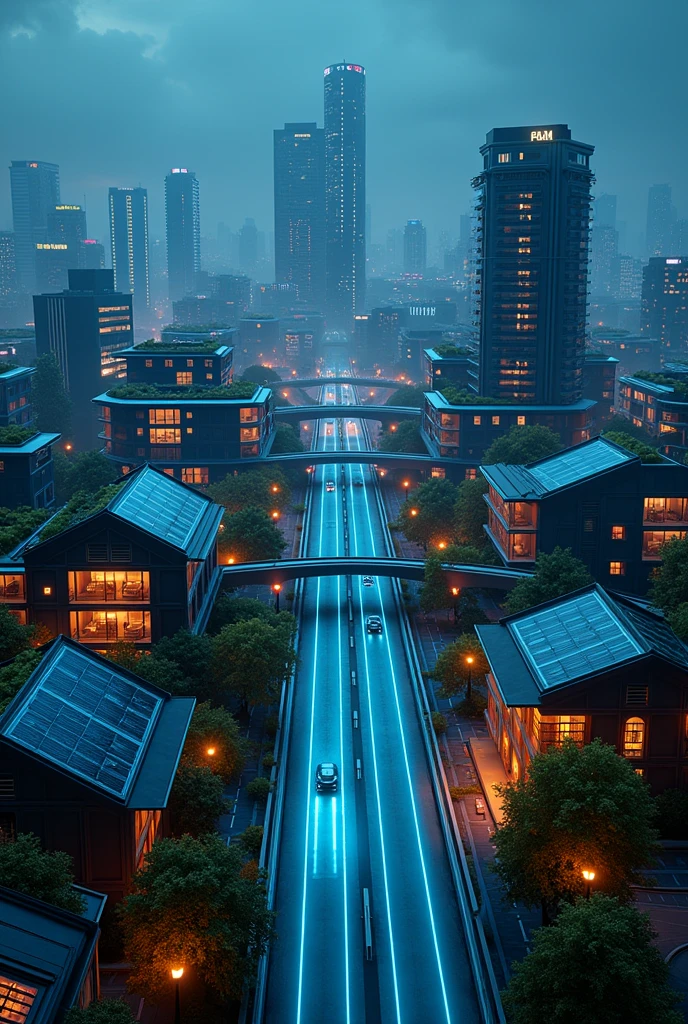 Town, multiple buildings, farm community,  blue neon logo, blue neon lights, birdseye view ,art deco design，streamline moderne，futuristic architecture, Abstraction，modern style，Luxury and Luxury，dark night view，dark moody atmosphere, Futuristic decorative elements，Metallic，number line，sci-fi lamp，Virtual Engine，Unreal rendering, greenery, highways, cars, solar paneled roofs, ecofriendly, rooftop gardens,