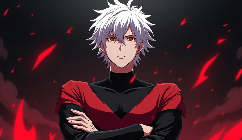 Male anime character with white hair, Eyes red, with arms crossed, looking to the right slightly upwards, wearing a black and red shirt 