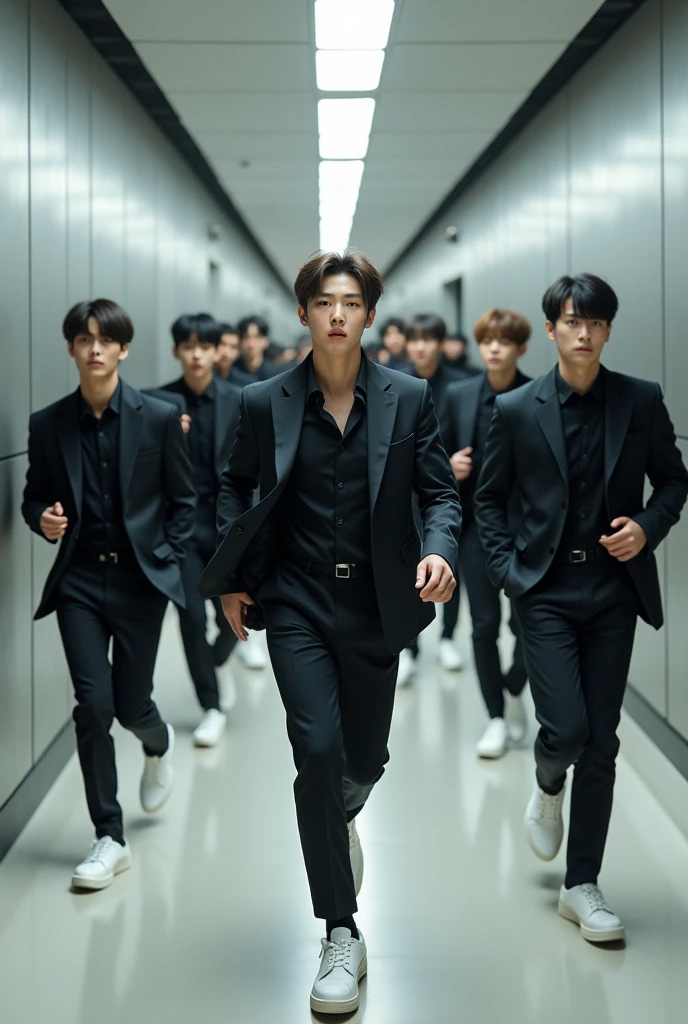 Korean male idols, stomachache, Trying to go to the bathroom, white shoes