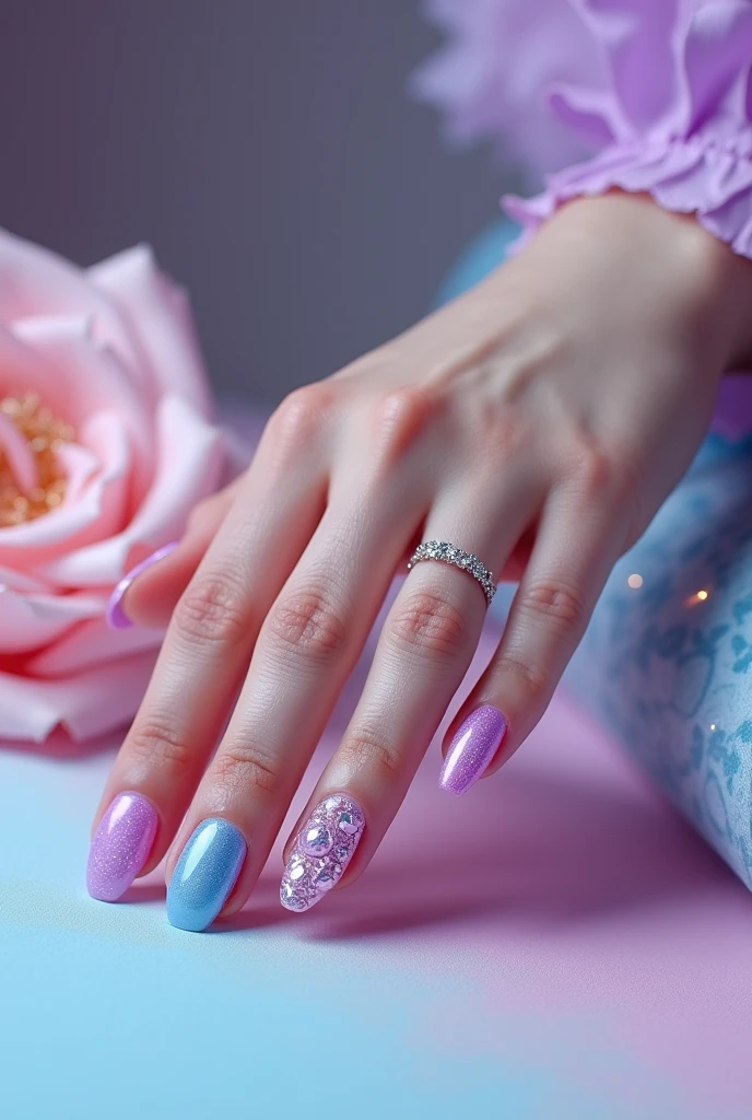 image of painted nails with diamond ornaments, of colors that stand out, a fine hand like a rose, purple blue, pastel tones, the hand stuck to the table, extended that shows its nails