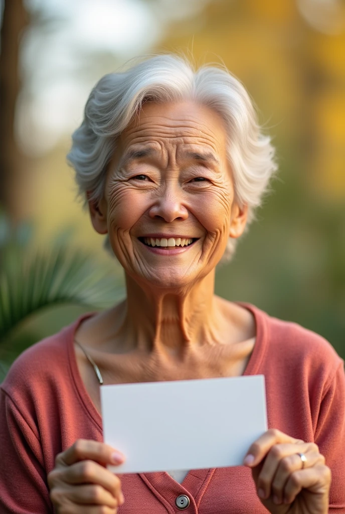 Create an image of a person around 50 years old, happy, highlighting their smile with a blurred background, holding a small white sign..