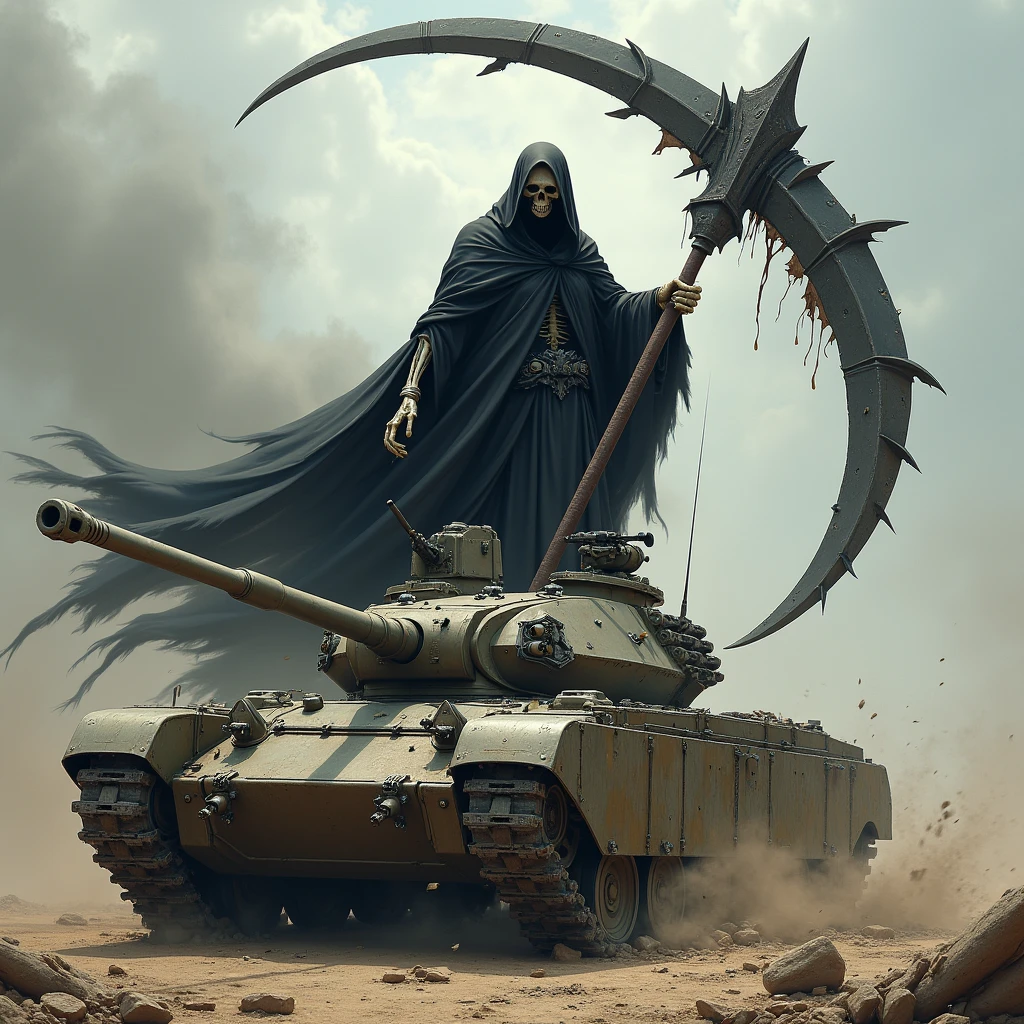 Death with a scythe cuts through a military tank.