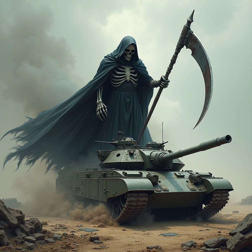 Death with a scythe cuts through a military tank.