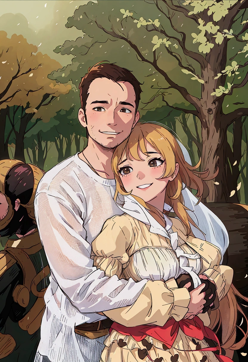 (best quality:0.8) perfect anime illustration, a man and woman hugging each other in front of a pile of logs, couples portrait, couple portrait, lovely couple, couple pose, smiling couple, jovana rikalo, happy couple, against the backdrop of trees, 🤬 🤮 💕 🎀, in front of a forest background, by Emma Andijewska, portrait of two people