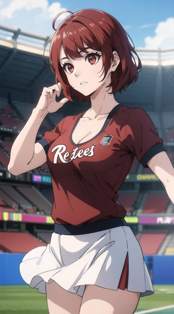 ((masterpiece)), ((best quality)), anriteieri, 1girl, breasts, short_hair, red_hair, red_eyes, solo_focus, outdoors, medium_breasts, cheerleader outfit, football court, cleavage