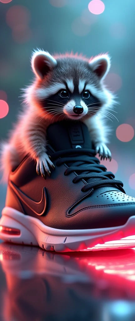 A stunning and enchanting photograph of a fluffy baby raccoon, perched on a realistic render of a Nike Air Jordan shoe. The raccoon's adorable face and soft fur contrast with the sleek and high-tech design of the shoe. A soft glow emanates from behind the shoe, highlighting its intricate details and Nike Air technology. Surrounding the scene, vibrant and luminescent dots swirl and dance, creating an ethereal and magical atmosphere. The Nike and Jordan logos are elegantly displayed beneath the shoe, adding to the overall sense of prestige and quality. The image seamlessly blends photography, 3D rendering, and conceptual art to create a captivating and surreal visual experience., photo, 3d render, conceptual art