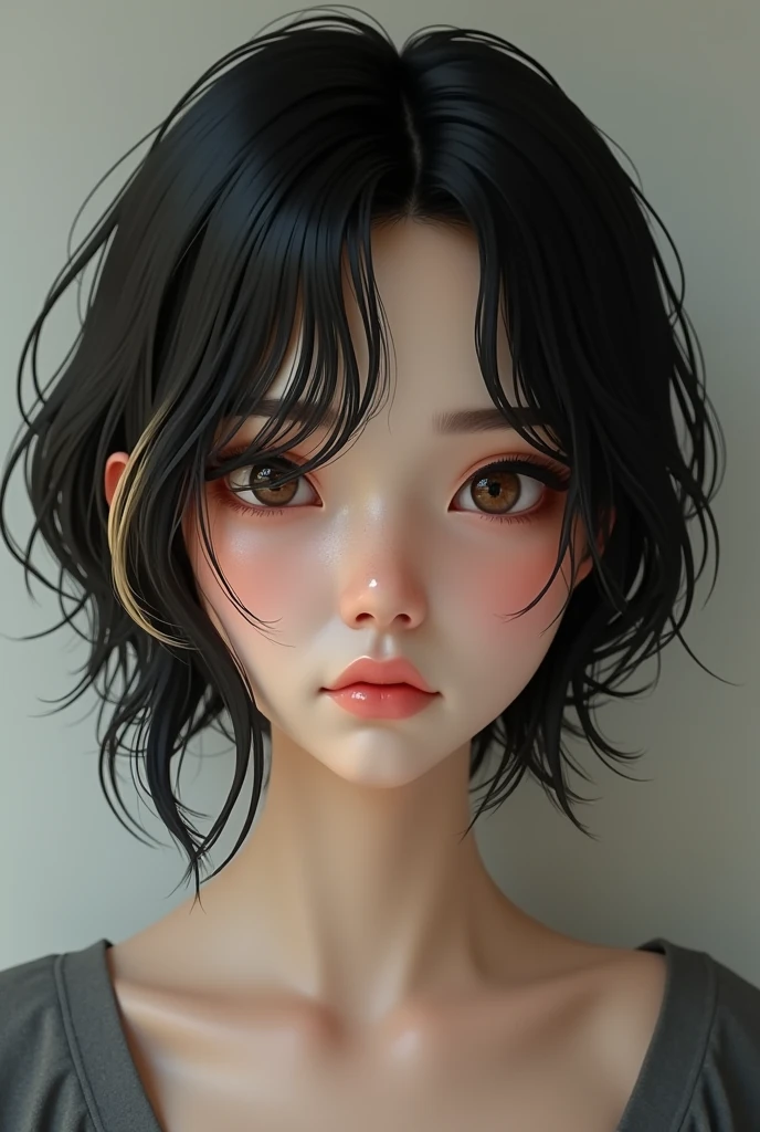 (photorealism:1.2), slightly flawed realistic face,
black hair but slightly blonde, low-cut