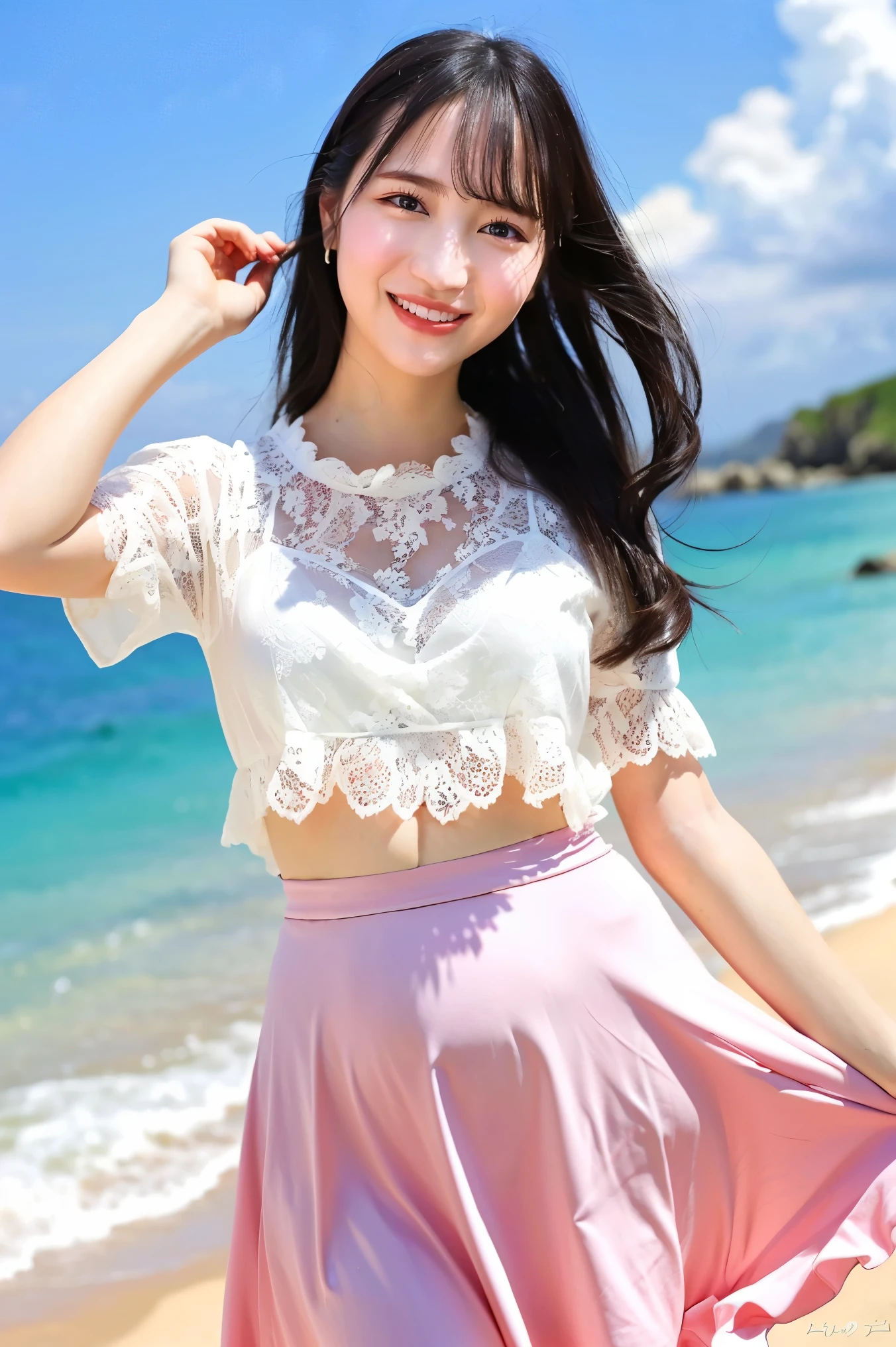 (Highest quality、masterpiece、8k、Best image quality、Hyperrealism、Award-winning works)、1 pregnant woman、(alone:1.1)、(1 photo:1.1)、(cute wavy hair:1.1)、(White shirt with elegant lace and frills:1.2)、(Light pink long flare skirt, transparent, Light berry pattern.:1.2)、(The most natural slight pregnancy bump:1.1)、Large Breasts、(Beautiful Hiroshi々とした滑らかな砂浜にStanding Elegantly:1.2)、(Beautiful and mysterious beach background:1.4)、Beautiful surf edge、(Beautiful sunny sky:1.1)、(Beautiful thunderclouds:1.1)、(Standing Elegantly:1.1)、Look at me with your best smile、Accurate anatomy、Perfect Makeup、Long eyelashes、Glossy Lips、Ultra HD glossy skin、(Ultra-high resolution, bright and beautiful skin:1.2)、(very bright and vivid:1.3)、超高精細のGlossy Lips、Ultra-high resolution beautiful teeth、(Very bright and vivid:1.1)