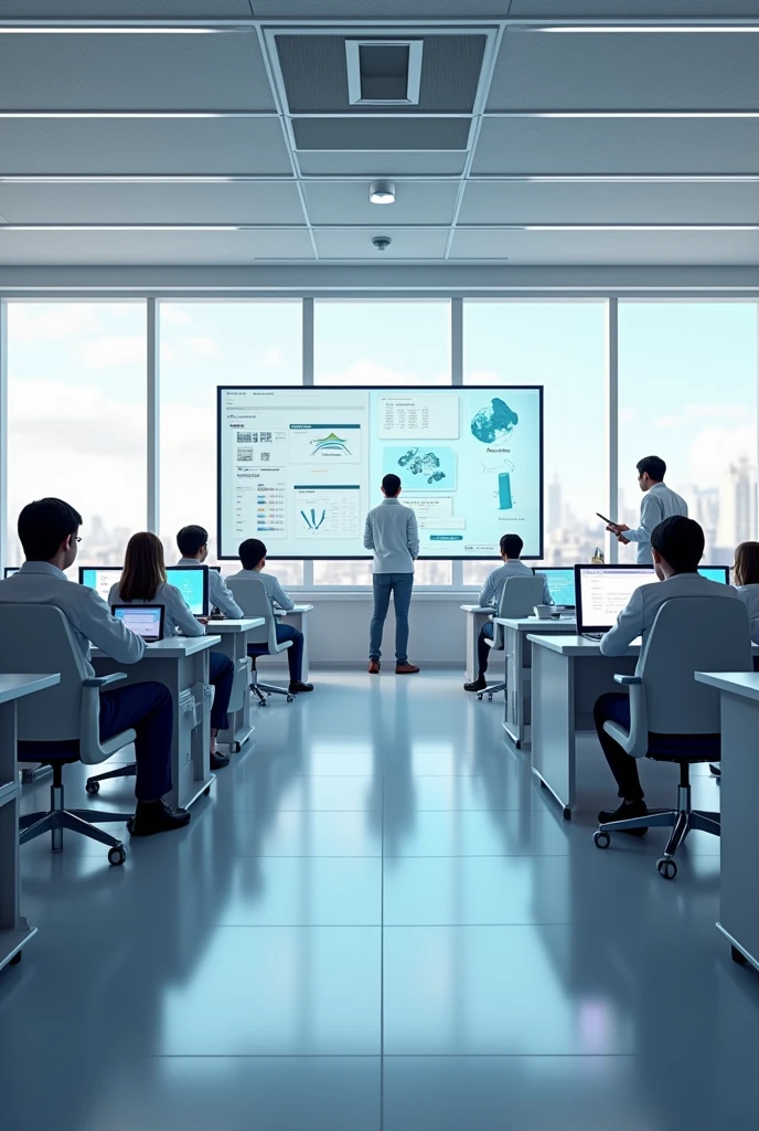 Create a classroom project with ergonomic chairs and desks, interactive screens, virtual reality glasses