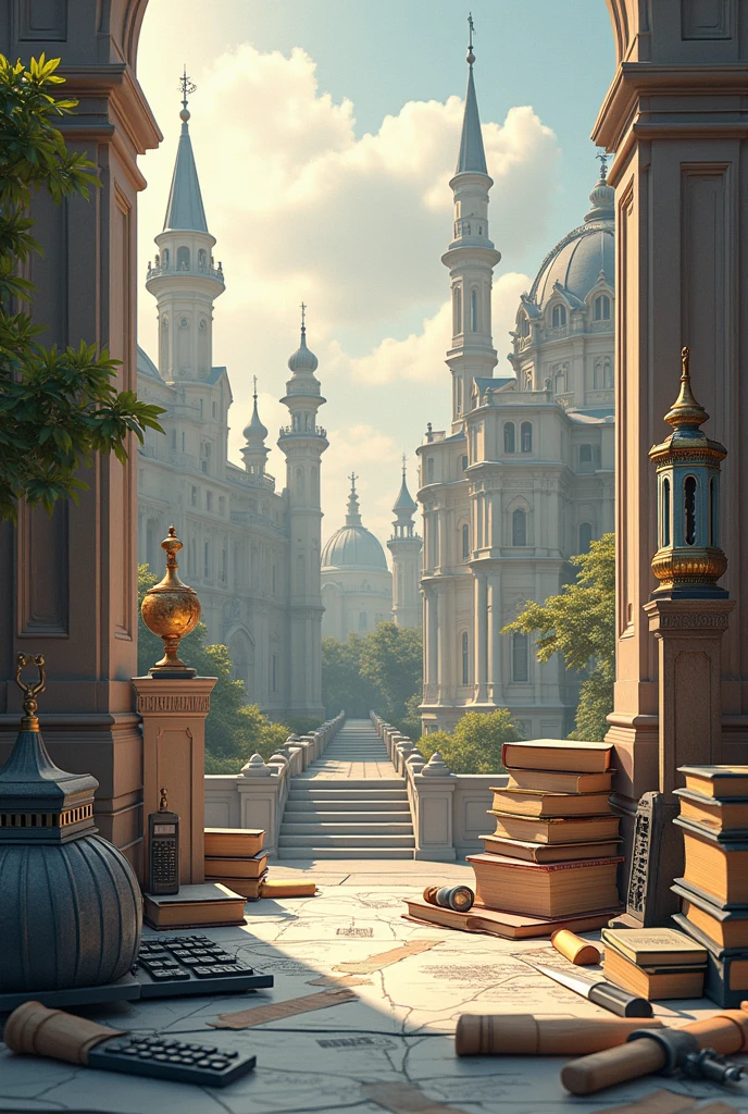 image contains the name "engineering and architecture" and "university of antique" with calculators and books and other engineering stuffs like building and construction