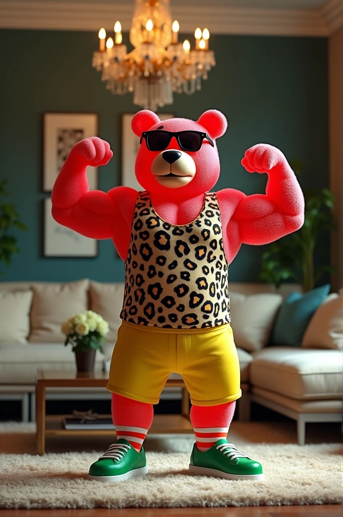 Hyper realistic The image shows a gummy bear in a living room, flexing his muscles and showing off his muscles. He is wearing a leopard print tank top, yellow shorts, and green sneakers. He has a pair of sunglasses on his head and is wearing red and white striped socks. The room is decorated with a chandelier, a coffee table, and a rug. The man appears to be in the middle of a workout or exercise routine.