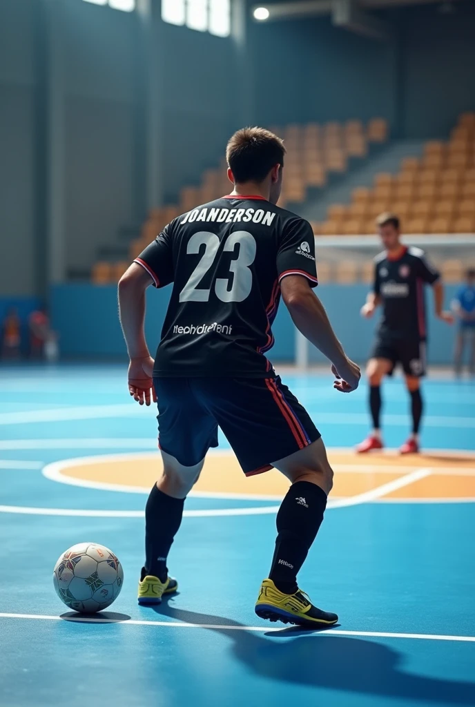 The player on a Futsal court with a black uniform with the number 23 and the name Joanderson on the shirt.
