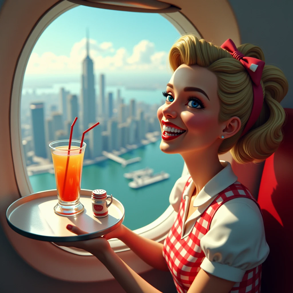 photo vue de l'interieur d'un avion par le hublot d'un avion, on y voit à l'extérieur en gros plan de face et de haut une serveuse de diner americain, la quarantaine, grand sourire, portant haut de la main droite un petit plateau avec un verre allongé contenant un cocktail et une paille.
En arrière plan on voit des ustensiles de cuisine, tasses, verres, salières disposés de manière à ressembler à la ville de New York vue du ciel, avec une mer bleue et un ciel bleu.
