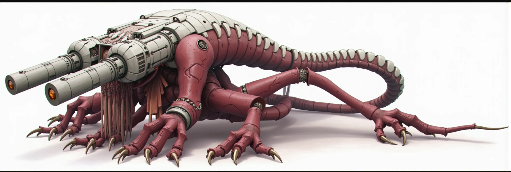 masterpiece,best quality,Large size,Body tends to be red,Flesh and blood creature,Covered externally by hard white bone plates,These plates cover the main parts of its body,Forming a protective layer similar to armor。These plates have obvious gaps and cracks,Showing the activity of the internal mechanical and biological parts,Structures similar to human limbs,Each joint has multiple mechanical and biological interfaces,Claws on the ends of its limbs,A head resembling that of an insect,Amber-colored compound eyes on its head,Huge cannons on its body,Reptile-like body shape