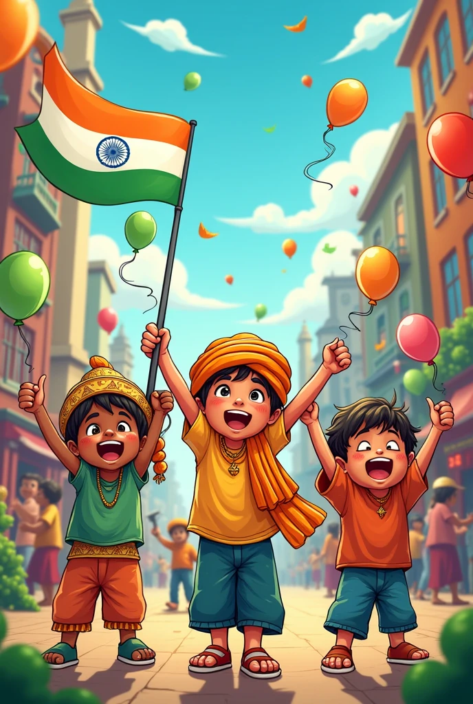 Create a never build/orginated/created a cartoon like image that contains childrens celebrating Indian independence day with colours and balloons including major religions. Write a text on image of happy independence day 