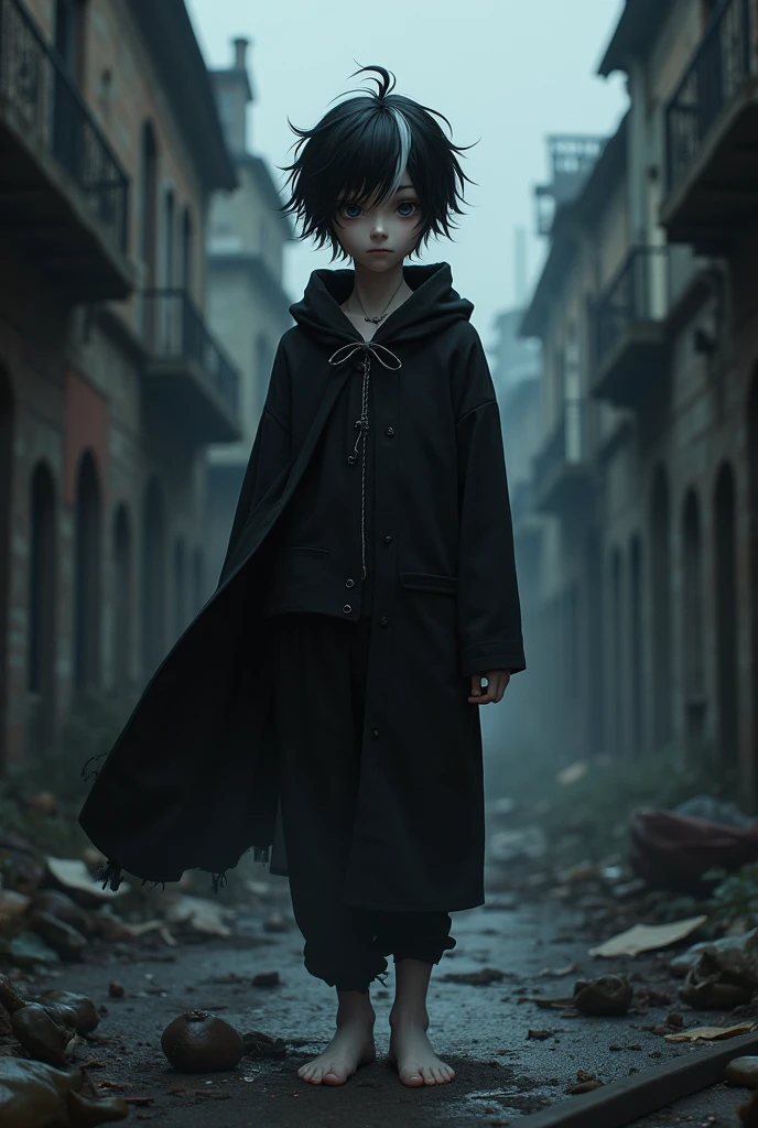 1boy, ({Male}):1.5 boy with dark and penetrating black eyes, which seem to reveal deep mysteries. He wears a dark black tank top with his wide pants, contrasting with his pale skin. Her hair is dark black Gothic, with white tips that give a unique touch to her look. Her slightly sharp teeth give an enigmatic appearance. His cheerful look is evident, as well as his marks of expression that highlight his enthusiastic appearance. A long, mocking smile appears on his lips, revealing a touch of malice. His feet are barefoot, connecting him to the urban environment and abandoned around him. The scenery is dark, with ruined buildings and shadows that evoke a mysterious and dark atmosphere.