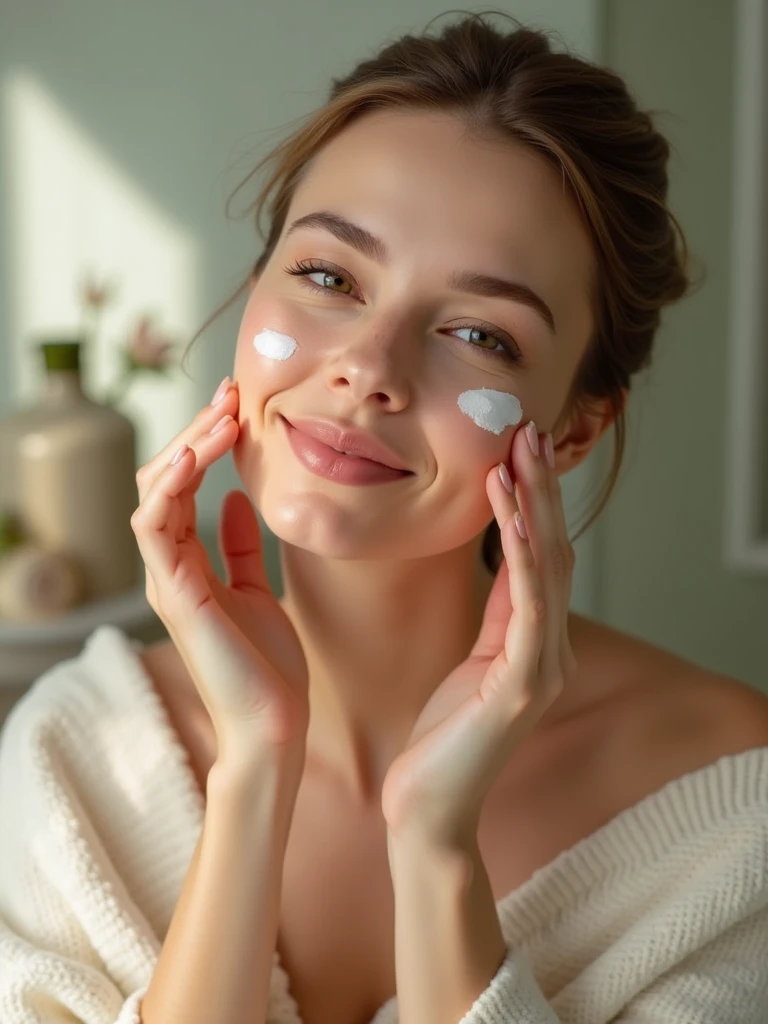 High-resolution, color photograph showing a woman elegantly applying cream to her face. The design is centered and the subject takes up most of the frame. The background includes blurred spa elements that convey calm and serenity, creating a natural and peaceful atmosphere. The overall composition highlights the subject against the serene, softly lit surroundings.