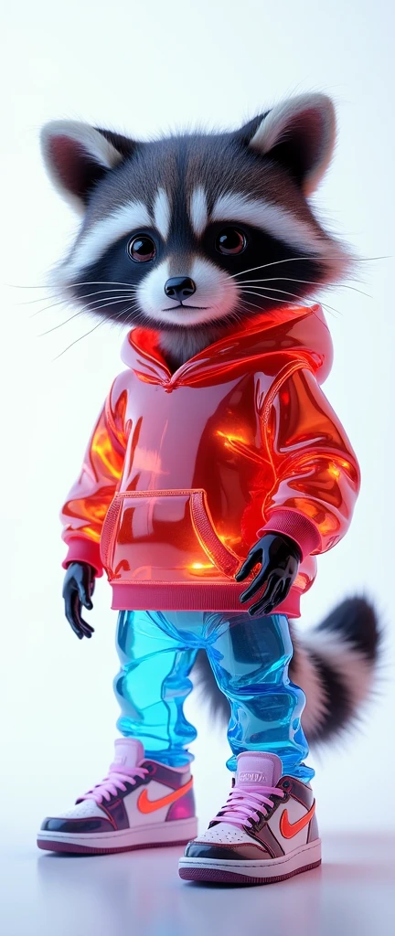 A captivating and surreal photograph of a cute, extra fluffy baby raccoon made of transparent glass, set against a pristine white background. wears a red translucent glass hoodie that glows with an inner light, blue glass pants that shimmer, and crystalline jordan shoes that reflect light in a kaleidoscope of colors. mesmerizing world of glass and light., photo, 3d render, conceptual art