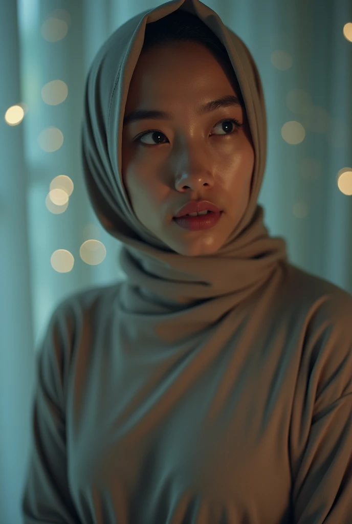 Capture the Malay girl with blue hijab in a vast cavern filled with towering, sparkling crystals. The radiant crystals reflect the light, casting a surreal and enchanting glow. style raw, pastel color grading, Super 8mm lense, Extreme close-up, Deep Focus cinematography effect