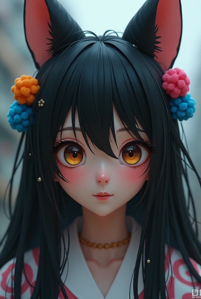 black hair, hair bobbles, wince, longeyelashes, solid circle eyes, fake animal ears, light smile, ear blush, fang, Surrealism, drop shadow, anaglyph, stereogram, tachi-e, pov, atmospheric perspective, 8k, super detail, ccurate, best quality