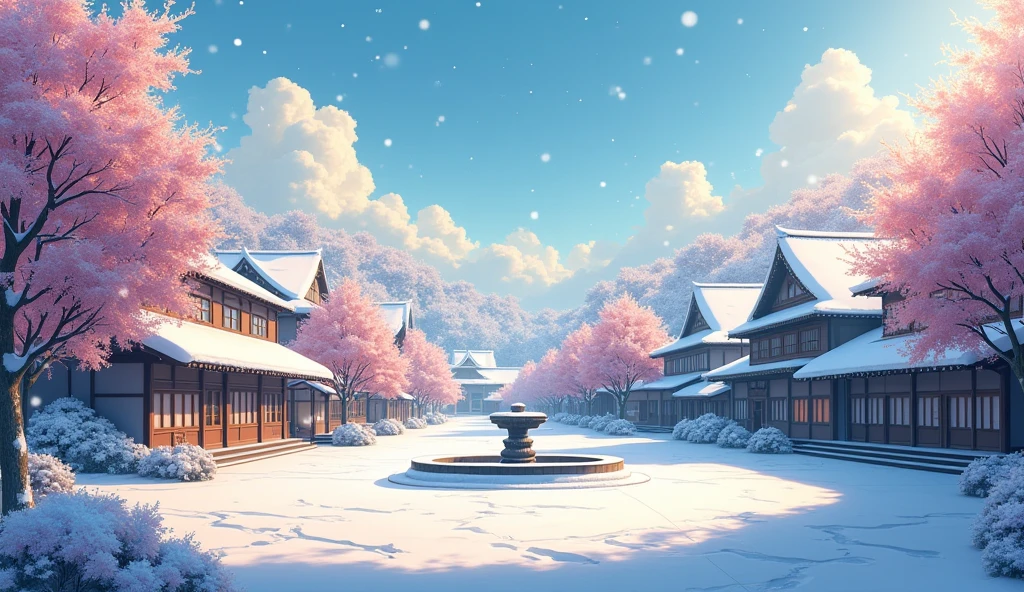 An anime background of an afternoon square with volumetric lighting and bloom in winter.