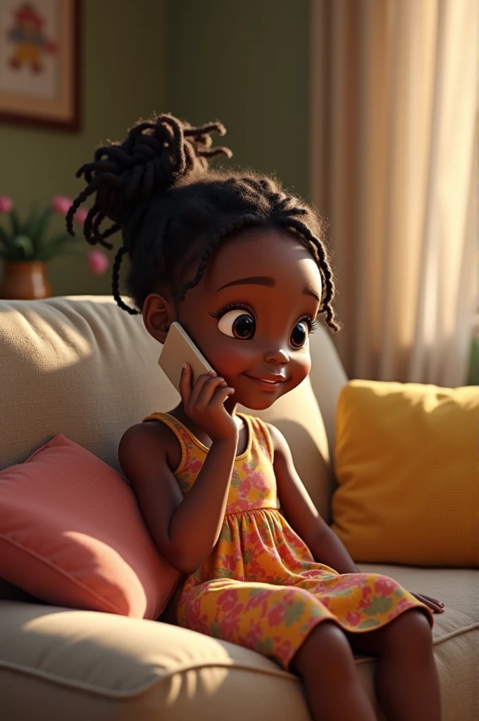 I would like an image of a 7-year-old Black girl sitting on a couch talking on the phone.