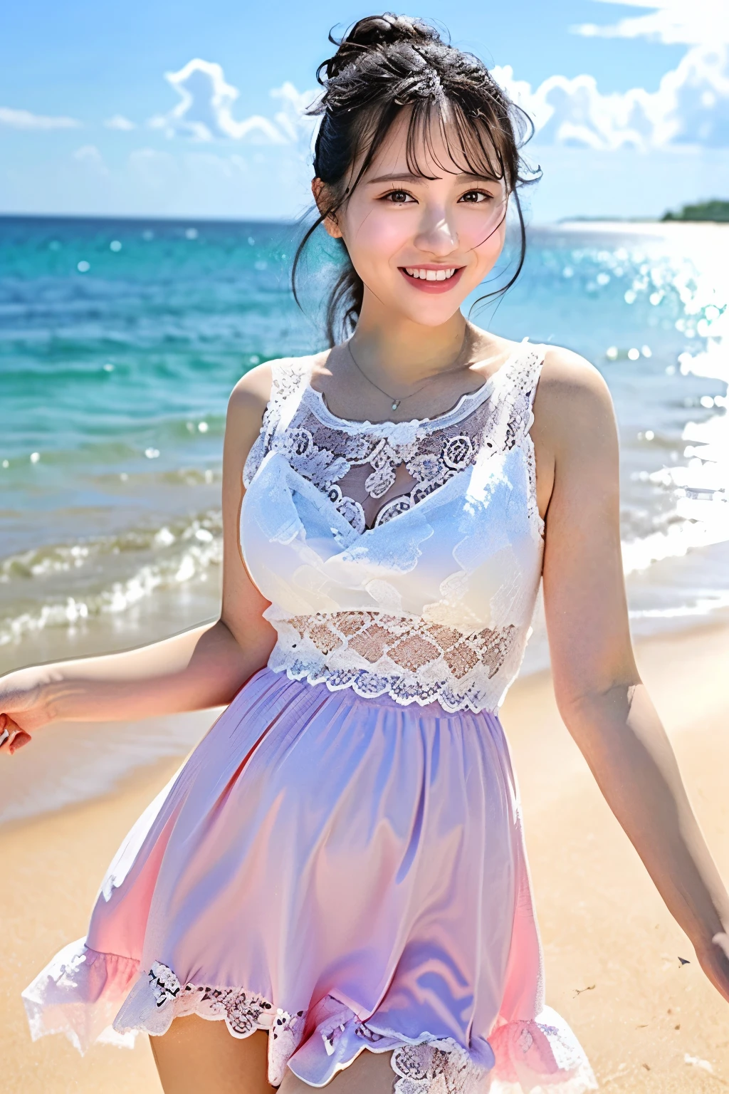 (Highest quality、masterpiece、8k、Best image quality、Hyperrealism、Award-winning works)、1 pregnant woman、(nose:1.2)、(White shirt with elegant lace and frills:1.2)、(Light pink long flare skirt, transparent, Light berry pattern.:1.3)、(The most natural slight pregnancy bump:1.1)、Large Breasts、(Beautiful Hiroshi々とした滑らかな砂浜にStanding Elegantly:1.2)、(Beautiful and mysterious beach background:1.4)、Beautiful surf edge、(Beautiful sunny sky:1.1)、(Beautiful thunderclouds:1.1)、(Standing Elegantly:1.1)、Look at me with your best smile、Accurate anatomy、Perfect Makeup、Long eyelashes、Glossy Lips、Ultra HD glossy skin、(Ultra-high resolution, bright and beautiful skin:1.2)、(very bright and vivid:1.3)、超高精細のGlossy Lips、Ultra-high resolution beautiful teeth、(Very bright and vivid:1.1)
