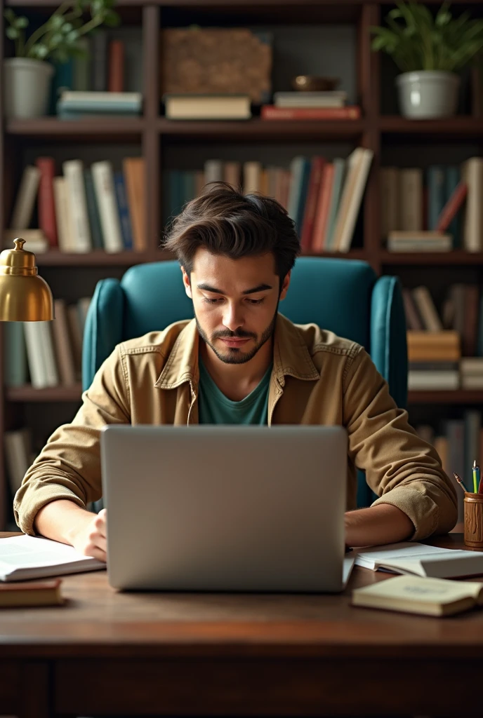 Front view of a person sitting at a desk writing a novel