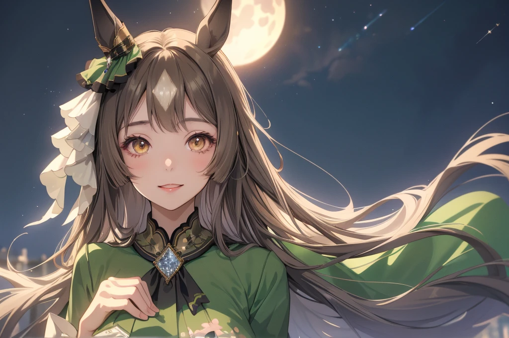 Satono Diamond(Horse Girl)、Dark green nurse uniform、Beautiful breasts、Beautiful girl with horse ears against the backdrop of a night view。Smiling at the camera、Raise your hands above your head
