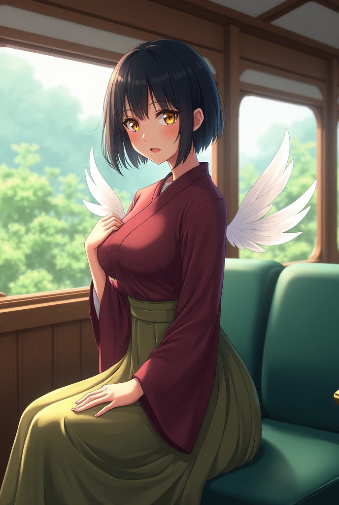 Anime, Japanese, kimono, yellow eyes, black hair, translucent white wings behind, maroon clothes, olive green hakama, female, large breasts "short hair" "Landscape"Olive green seats on the train Wood-patterned walls