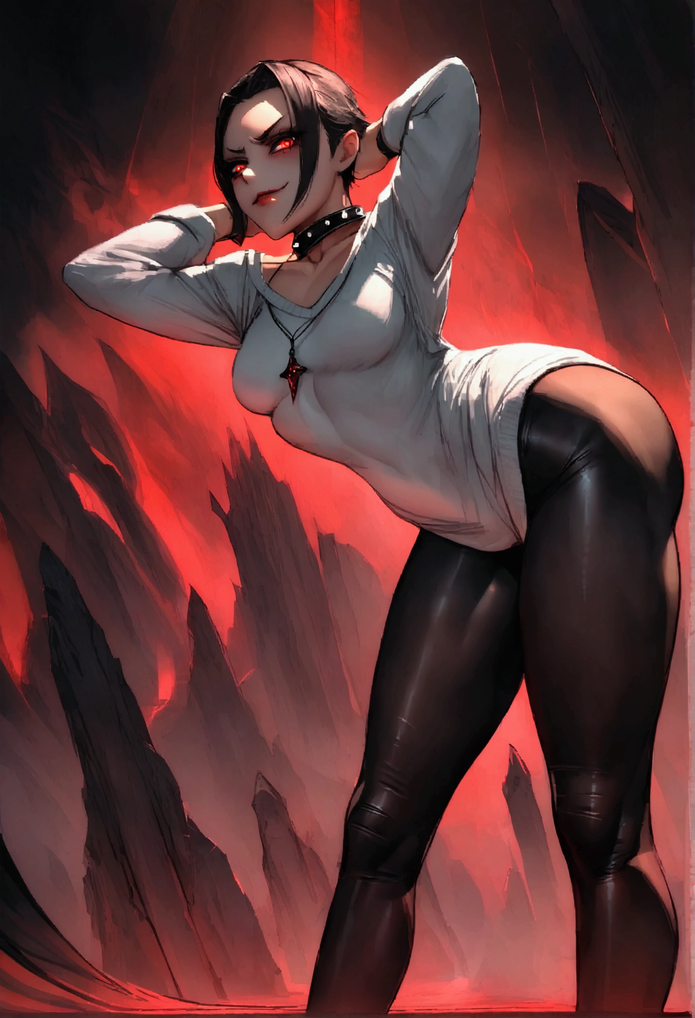 highly detailed, masterpiece, best quality, correct hands, small breasts, short black hair, blue eyes, black robes, black pants, no shirt, defined curves, smug smile, blushing, mountain background, storm, lightning, floating, stormy atmosphere, surrounded by lightning, flying, off the ground