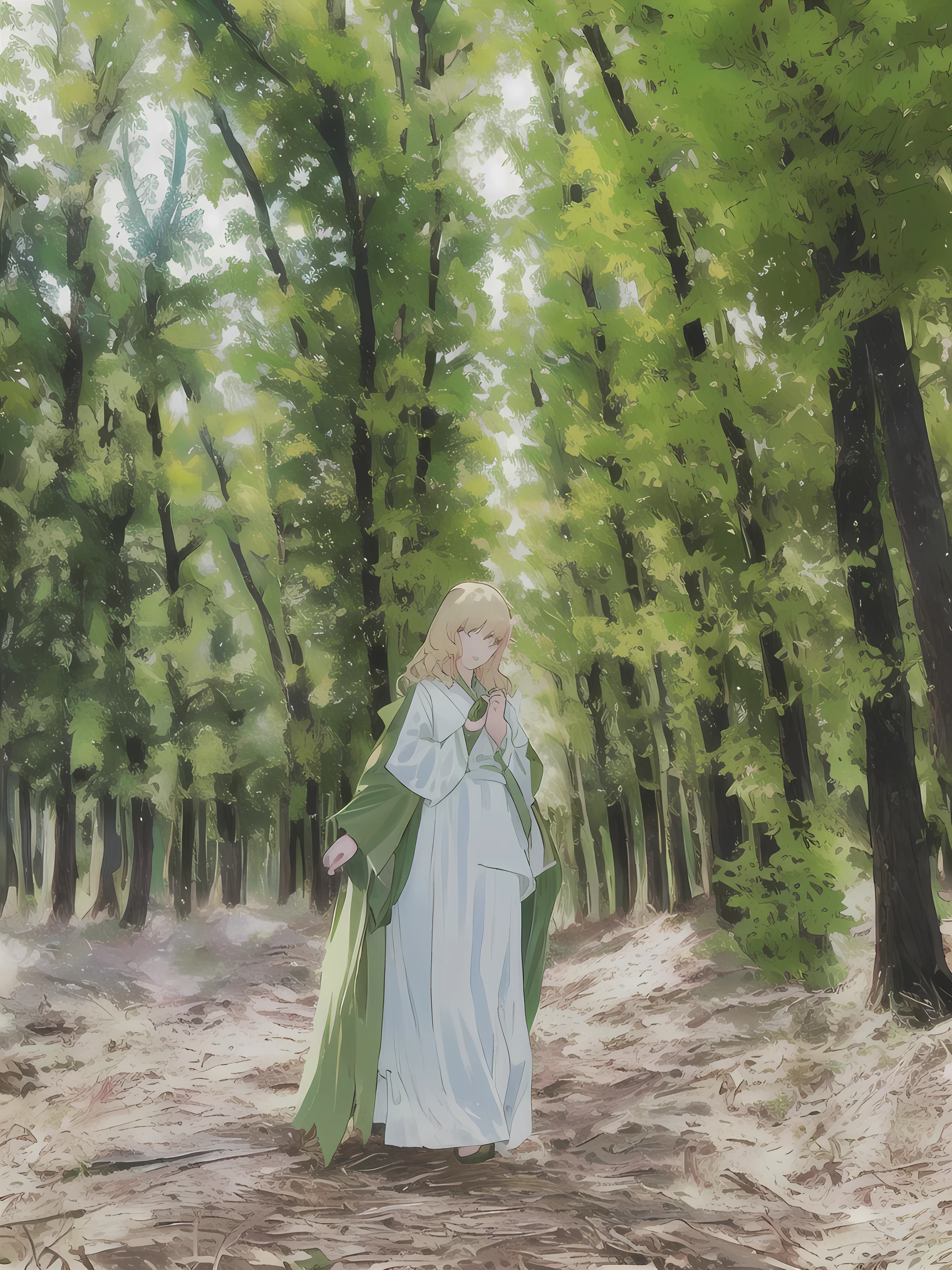 a woman in a white dress and a green shawl walks through a forest, in green forest, wearing only a green robe, girl walking in forest, walking around in forest, wearing a green cloak, with a green cloak, dressed in a green robe, wearing green cloak, walking around in a forest, walking in forest, in forest, standing in an apple orchard