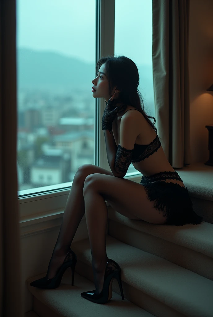 (8k,Movie,16mm wide-angle lens,Multi-angle shooting,Rich in details )Chinese,Asian,Cool colors,miniskirt,High heel,exposed,Nylon socks,Sexy gloves,Lace gloves,A large hotel room,Sit on the stairs,Terrace,Flirty,Romantic,Sexy woman,Looking out the window,Troubled woman,30 years old