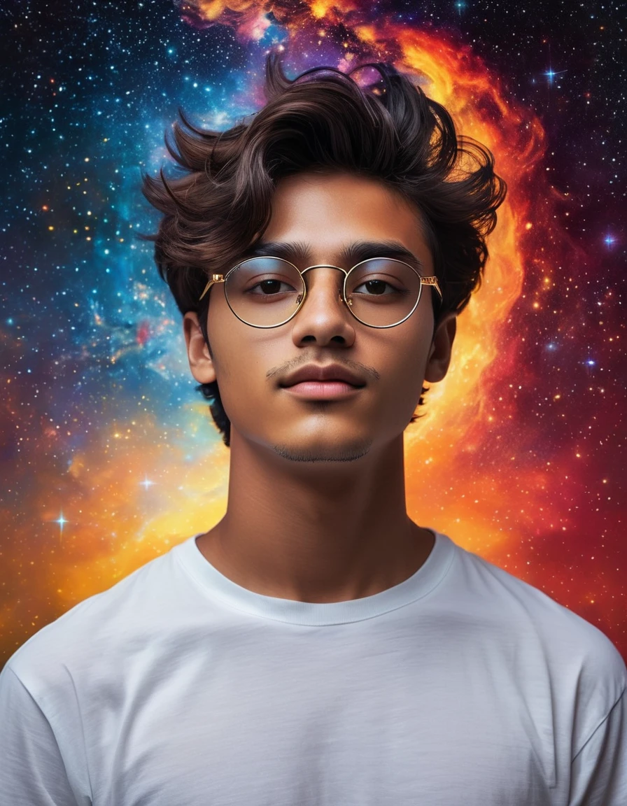 "Envision an expansive astral plane, glowing with soft luminescence in shades of starry yellows and reds, stretching endlessly upward. Central to this celestial scape is a mysterious young man, standing in harmony with the cosmos, gazing directly at you. He is 18 years old, with fair skin, dark brown eyes, and black hair combed to the left side, slightly spiky. He wears a white t-shirt and slightly rectangular glasses that reveal the vibrant, colorful universe behind him. A small mole is visible on his cheek, adding a touch of realism to his mystical presence. The lower half of the scene transitions into a dark, vaporous essence that drifts behind him like a comet's tail, merging with the astral hues. The portrait captures the magnificent presence of this young Brazilian man from Santa Catarina, embodying both the surreal and the mystical in complete harmony with the universe."