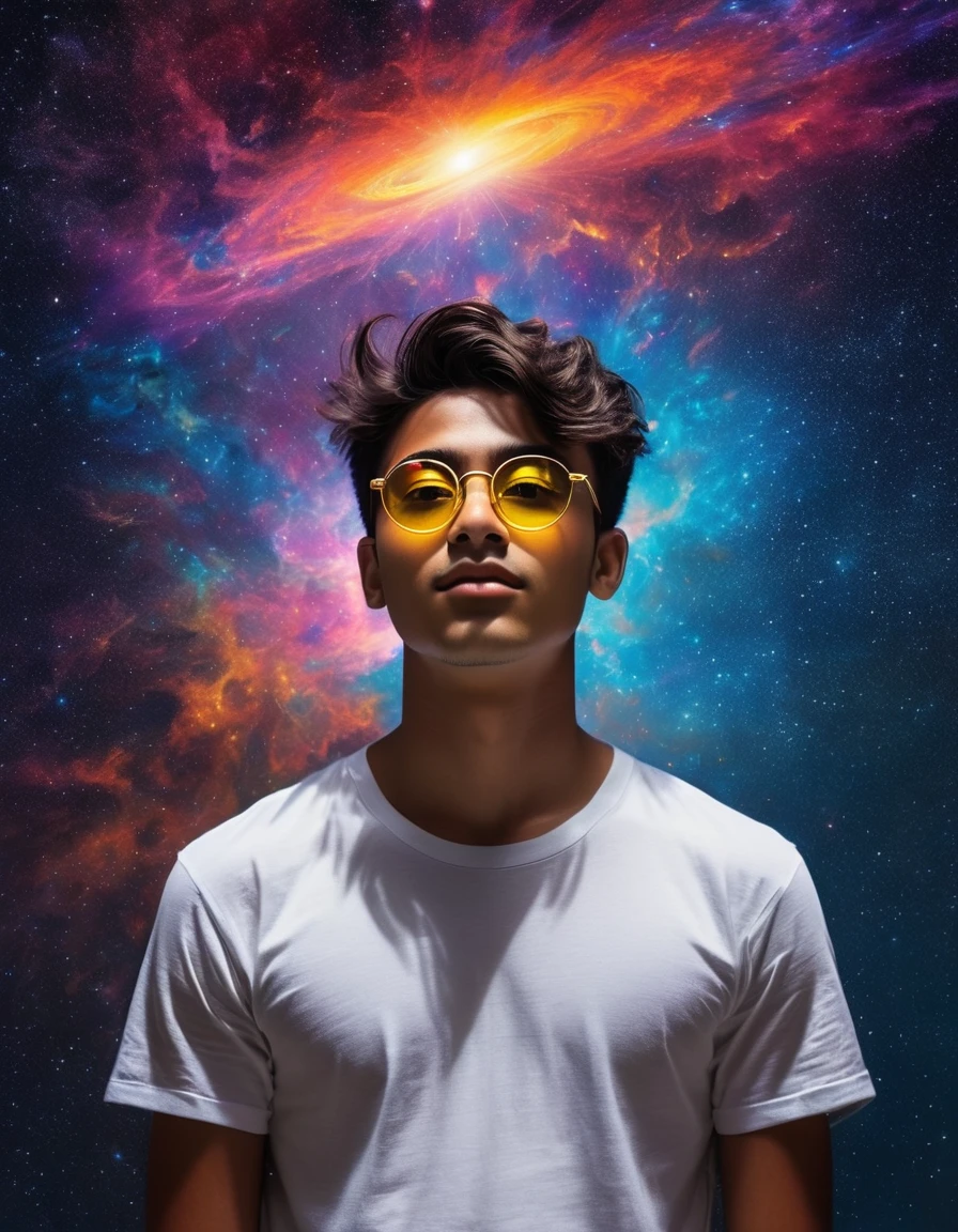 "Envision an expansive astral plane, glowing with soft luminescence in shades of starry yellows and reds, stretching endlessly upward. Central to this celestial scape is a mysterious young man, standing in harmony with the cosmos, gazing directly at you. He is 18 years old, with fair skin, dark brown eyes, and black hair combed to the left side, slightly spiky. He wears a white t-shirt and slightly rectangular glasses that reveal the vibrant, colorful universe behind him. A small mole is visible on his cheek, adding a touch of realism to his mystical presence. The lower half of the scene transitions into a dark, vaporous essence that drifts behind him like a comet's tail, merging with the astral hues. The portrait captures the magnificent presence of this young Brazilian man from Santa Catarina, embodying both the surreal and the mystical in complete harmony with the universe."