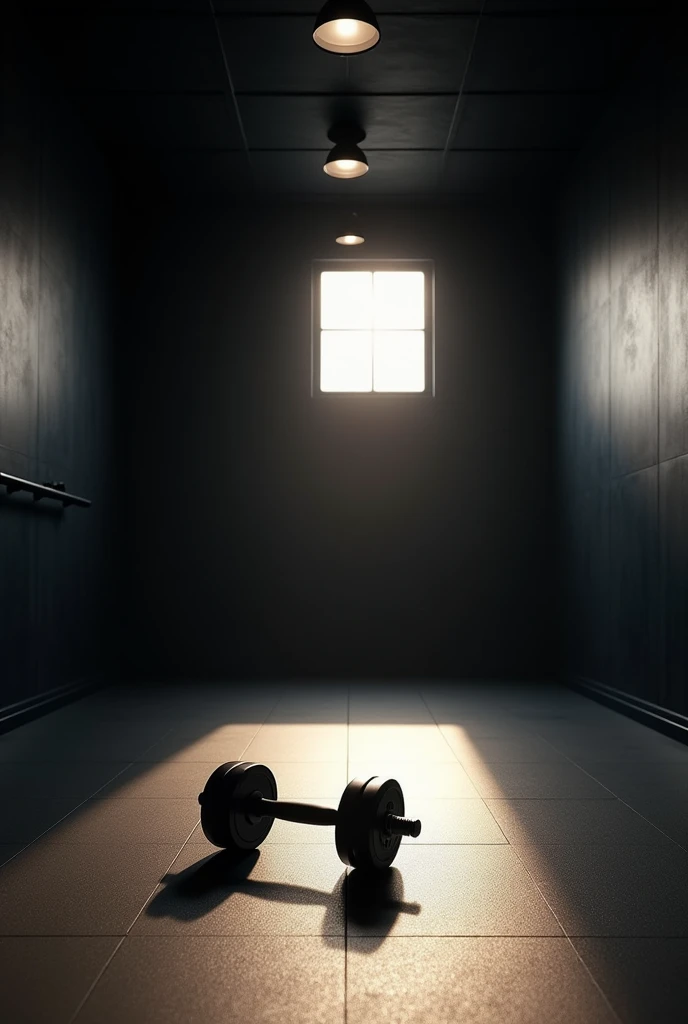 Black Wall、Rubber mat floor、dumbbell、Sunlight is coming in、There are no windows.