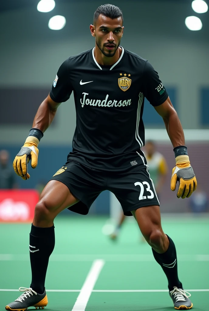 The Goalkeeper is on a Futsal court wearing a black uniform with the number 23 and the name Joanderson on the shirt