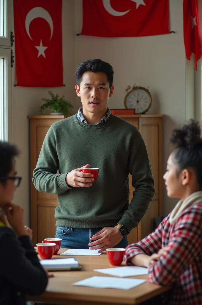 Young people from Africa, America, Asia, South Korea and Europe are learning Turkish in a Turkish class. There are Turkish flags around, details of Turkish culture, a handsome young Asian teacher drinking Turkish tea and talking at the same time, teaching Turkish to all foreign students. Create this visual.