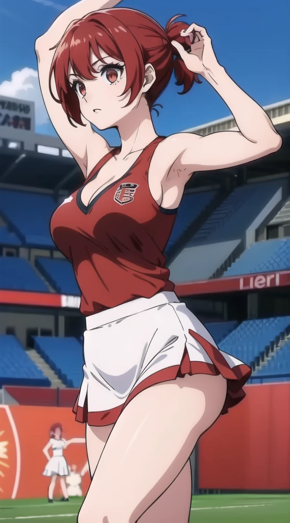 ((masterpiece)), ((best quality)), anriteieri, 1girl, breasts, short_hair, red_hair, red_eyes, solo_focus, outdoors, large_breasts, cheerleader outfit, football court, cleavage, arms up, armpits visible