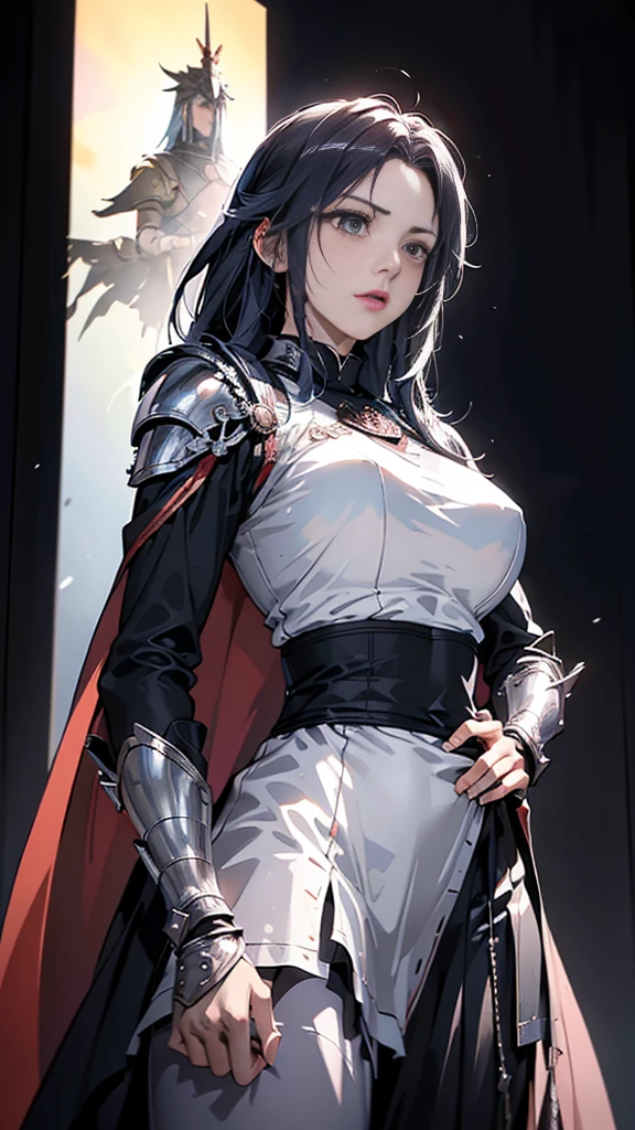 Black-haired woman, Amazing character art, (Silver Knight Armor:1.3 ),((Pure white background)), 3d rendering character art 8k, Beautiful female knight, 2. 5D CGI Anime Fantasy Artwork, Detailed digital anime art, Photorealistic Anime Girl Rendering, Very nice work of art, Fan Art Best Art Station, (Red velvet long cape),(Stretch your open hand forward:1.3), (Hands on hips),(on stage:1.2),((From below)),Eyes looking into the distance,(A female general gives orders to her soldiers:1.3),Muscular,(samurai:1.2)