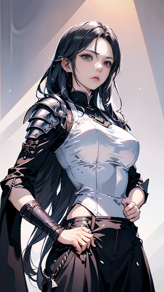 Black-haired woman, Amazing character art, (Silver Knight Armor:1.3 ),((Pure white background)), 3d rendering character art 8k, Beautiful female knight, 2. 5D CGI Anime Fantasy Artwork, Detailed digital anime art, Photorealistic Anime Girl Rendering, Very nice work of art, Fan Art Best Art Station, (Red velvet long cape),(Stretch your open hand forward:1.3), (Hands on hips),(on stage:1.2),((From below)),Eyes looking into the distance,(A female general gives orders to her soldiers:1.3),Muscular,(samurai:1.2)