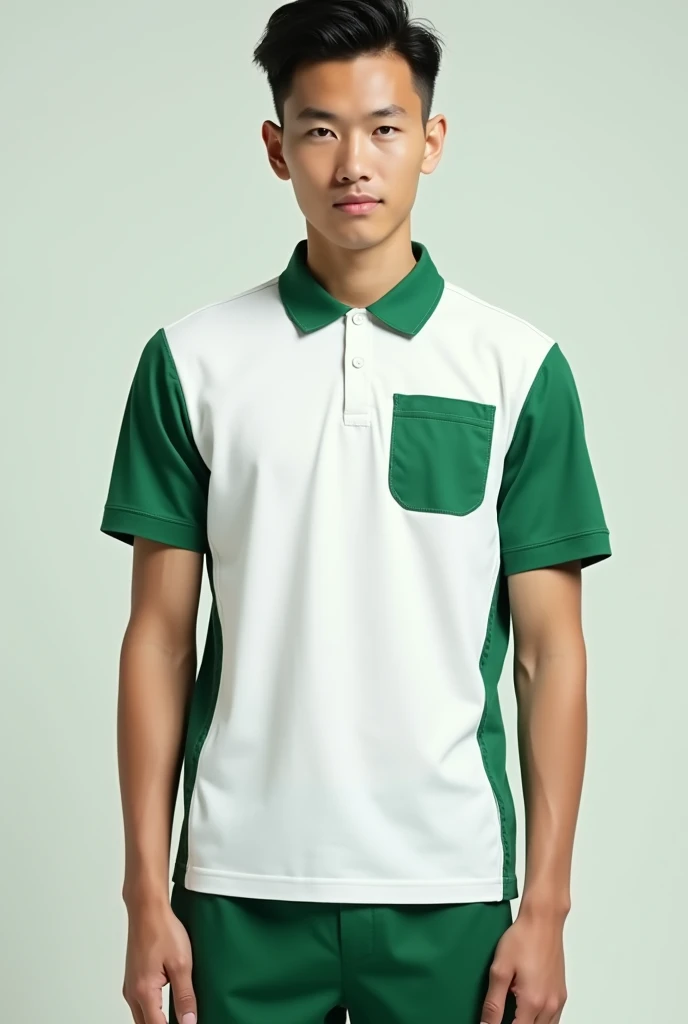 White and green short-sleeved polo shirt with a pocket and curved line design on the sides