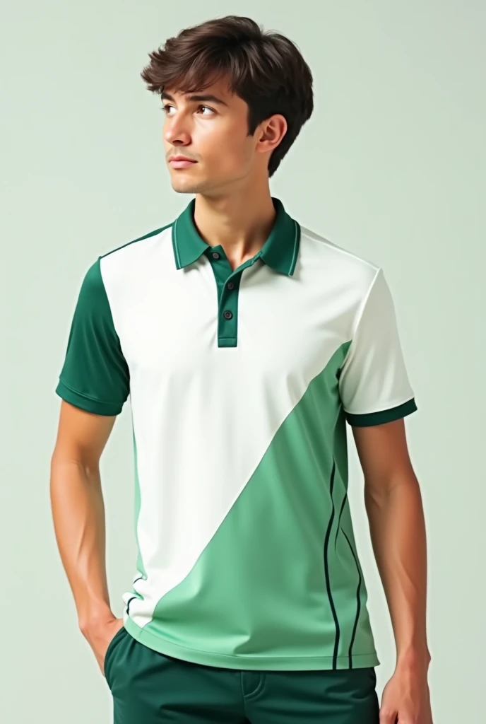 White and green short-sleeved polo shirt with a pocket and curved line design on the sides