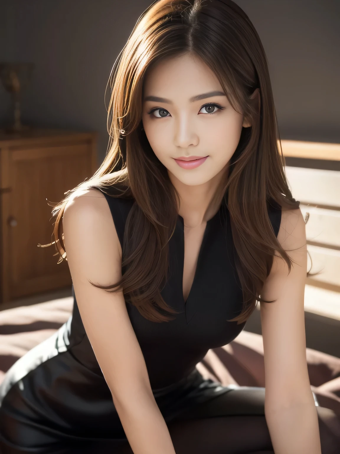 (Detailed skin), (Shiny skin), 8k, Highest quality, masterpiece, Ultra-high resolution, (Realistic:1.4), RAW Photos, (Soft saturation), (Fair skin:1.2), Half-Japanese beauty, 19 years old, Light brown hair, medium hair),  (Pretty face:1.4), ((Beautiful lighting:1.3)), (black dress), (Highly detailed face, Highly detailed lips, fine grain, double eyelid, Highly detailed and evenly balanced eyes), (Sharp focus:1.2), ((Full Body Shot)), (Perfect Anatomy:1.3), (Beautiful woman with perfect figure:1.2), ((Random sexy poses:1.2)), Sharp Eyes, smile, 