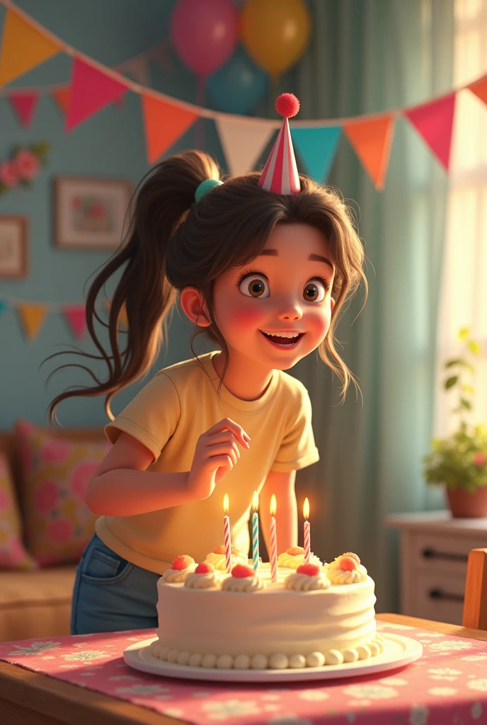A sister celebrating is birthday with a decorating room and beautiful cske of Vanilla flavour cake and a girl is wearing a top and jeans