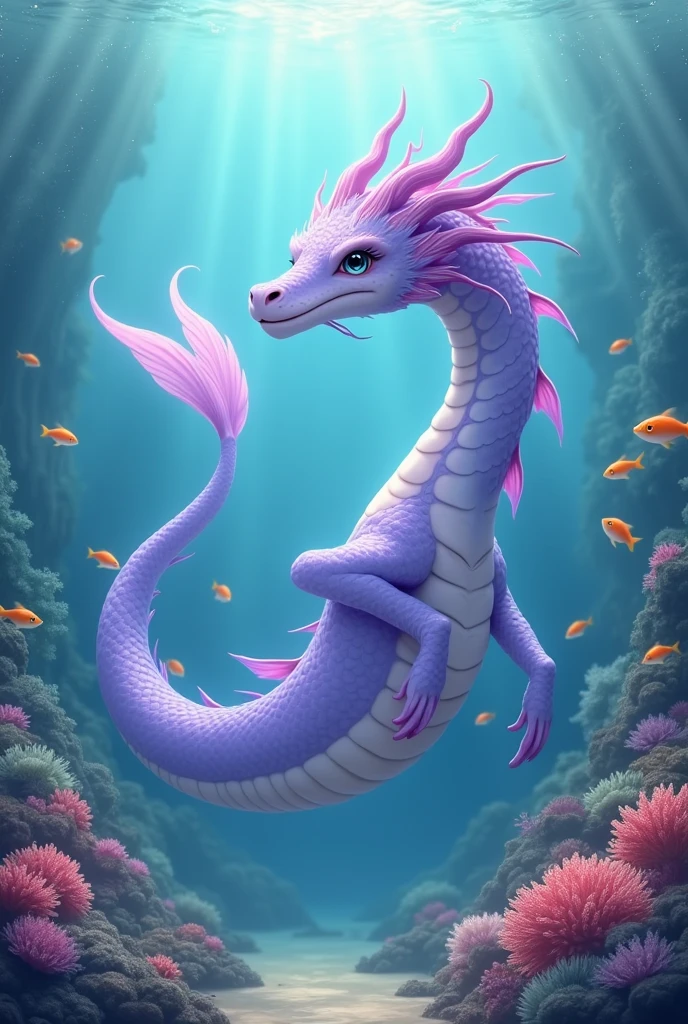 A lavender sea dragon,huge,no wings,Under the Sea,Leisurely,cute style,background chinese style,The underwater world