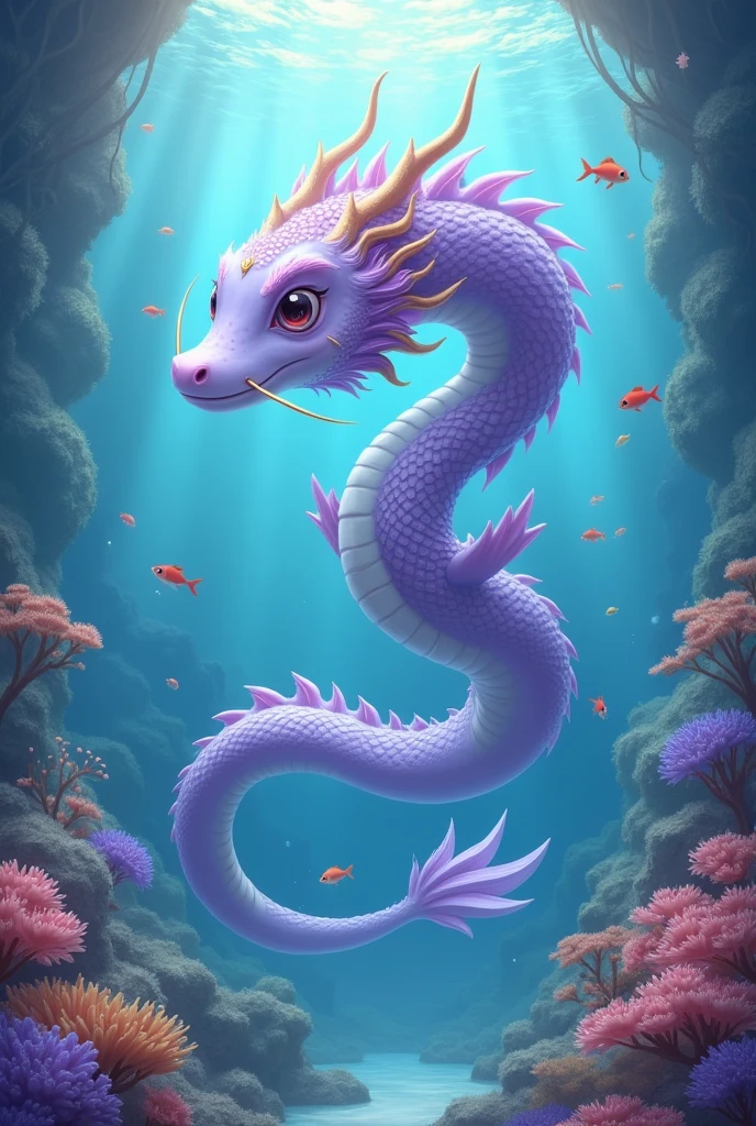 A lavender sea dragon,huge,no wings,Under the Sea,Leisurely,cute style,background chinese style,The underwater world