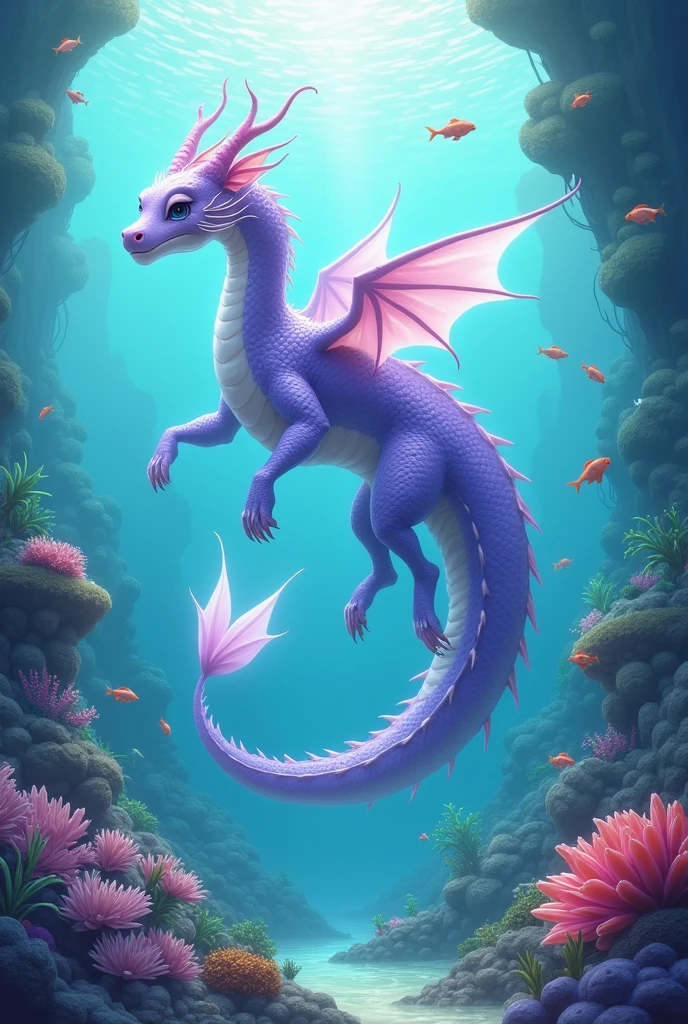 (Fantasy) An electric dragon (blue color schemed scales, glowing eyes) is flying up in the air with a giant pink squid in its claws, water disturbed under the fish, serene ocean cliffs in sight